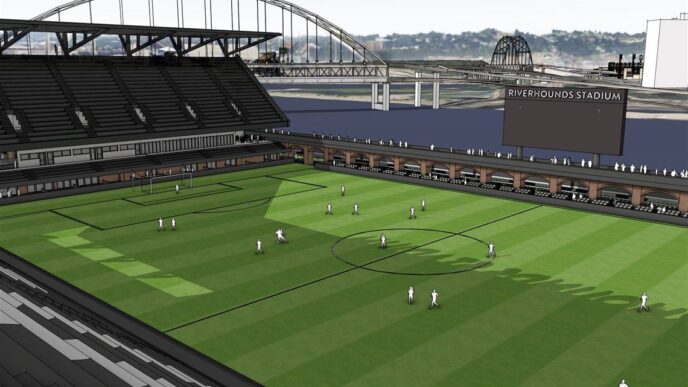 venue/architecture
River Plate anuncia polideportivo. Visualización del estadio Riverhounds. Diseño arquitectónico de inmueble deportivo en la ciudad.