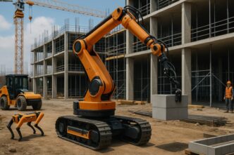 Innovación en construcción: Brazo robótico levanta bloques en obra, con robot cuadrúpedo y maquinaria. Robótica espacial impulsa la construcción.