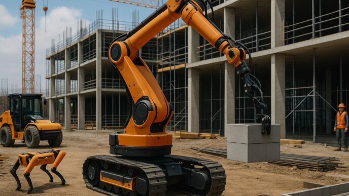 Innovación en construcción: Brazo robótico levanta bloques en obra, con robot cuadrúpedo y maquinaria. Robótica espacial impulsa la construcción.
