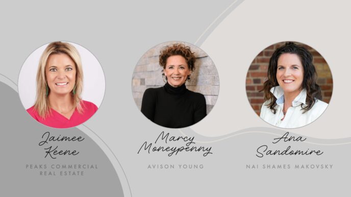 Tres líderes femeninas en Real Estate: Jaimee Keene, Marcy Moneypenny y Ana Sandomire. Mujeres exitosas rompiendo barreras en el sector inmobiliario.