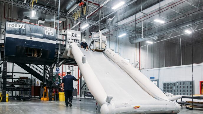 Venue/architecture.
Dos trabajadores inspeccionan un tobogán de emergencia de un avión A320 en un hangar industrial. Mantenimiento aeronáutico.