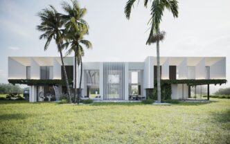 Fachada moderna en San Miguel de Allende con palmeras. Diseño arquitectónico y programa de renta para maximizar la inversión inmobiliaria. Lujo y confort.