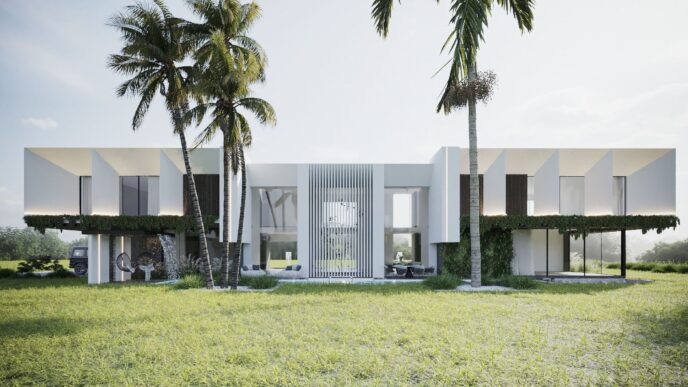 Fachada moderna en San Miguel de Allende con palmeras. Diseño arquitectónico y programa de renta para maximizar la inversión inmobiliaria. Lujo y confort.