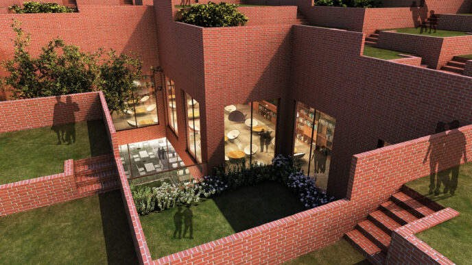 Venue/architecture.
Diseño arquitectónico del venue para Inmobiliare Summits, conferencia de real estate en México. Espacios verdes y ladrillo.