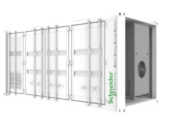 Contenedor blanco de Schneider Electric con sistema de almacenamiento de energía de batería, impulsando la eficiencia y soluciones innovadoras.