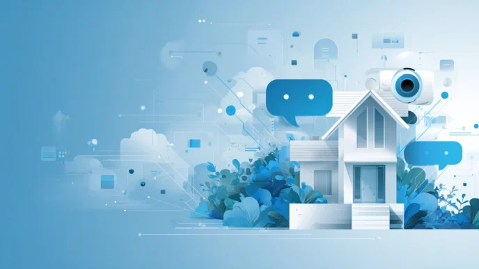 Ilustración digital de casa inteligente con cámara de seguridad. Innovación en el sector de real estate en LATAM.