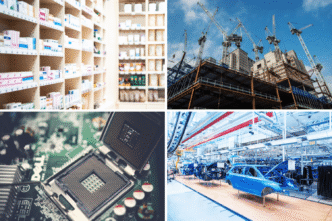 Collage de sectores beneficiados por nearshoring: farmacéutico, construcción, tecnología y automotriz. Oportunidades de inversión y crecimiento.