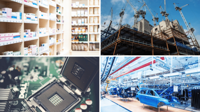 Collage de sectores beneficiados por nearshoring: farmacéutico, construcción, tecnología y automotriz. Oportunidades de inversión y crecimiento.