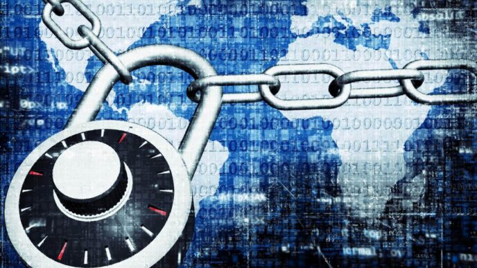 sponsors/branding
Candado y cadena sobre mapa mundial digital. Seguridad en Inmobiliare Summits LATAM. Protección de datos en conferencias México.