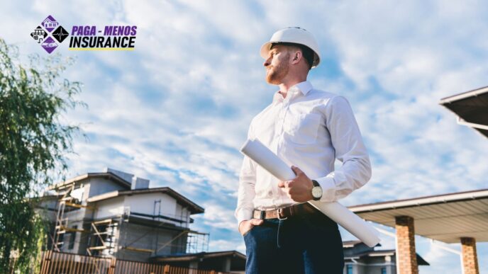 Profesional de la construcción con casco y planos, mirando al horizonte. Paga Menos Insurance, sponsor Inmobiliare Summits, sector real estate LATAM.