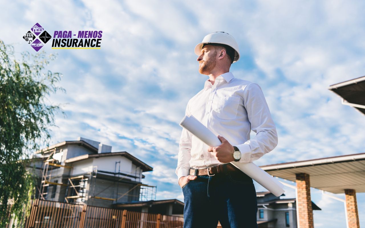 Profesional de la construcción con casco y planos, mirando al horizonte. Paga Menos Insurance, sponsor Inmobiliare Summits, sector real estate LATAM.