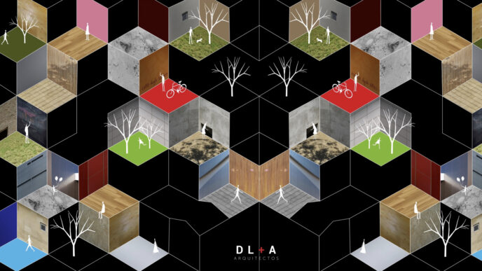 Diseño geométrico de DL+A Arquitectos, sponsor en Inmobiliare Summits, muestra espacios urbanos y naturaleza. Promueve real estate en México.
