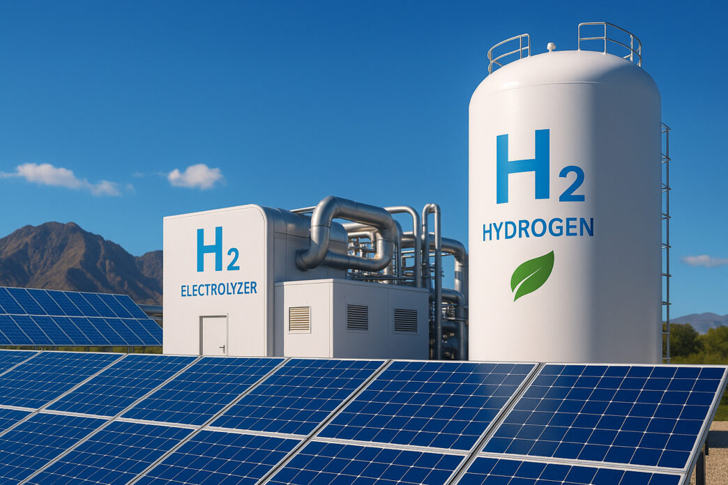 Paneles solares alimentando la producción de hidrógeno verde. Energía renovable, sostenible.