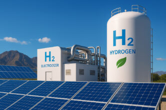 Paneles solares alimentando la producción de hidrógeno verde. Energía renovable, sostenible.