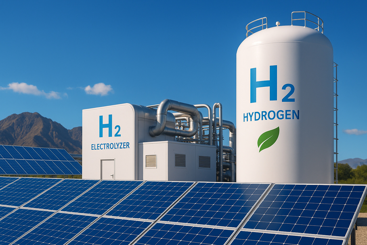 Paneles solares alimentando la producción de hidrógeno verde. Energía renovable, sostenible.