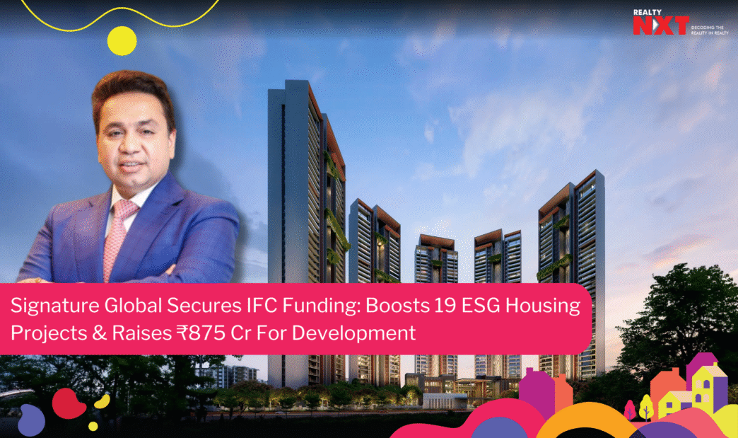 Signature Global obtiene capital para proyectos de vivienda. Hombre en traje junto a edificios modernos. Inversión en vivienda sostenible.