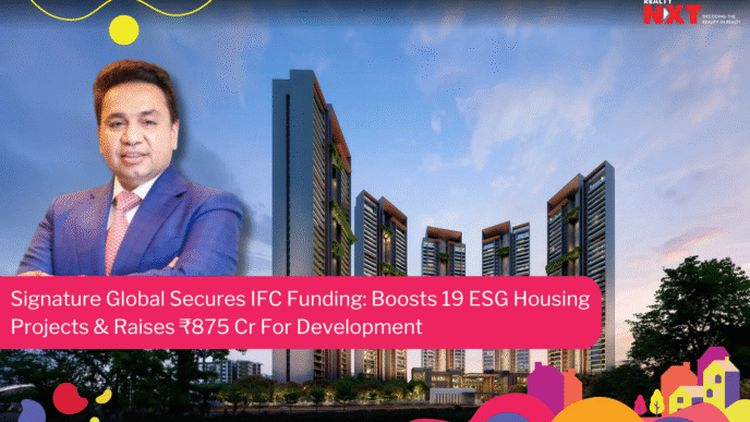 Signature Global obtiene capital para proyectos de vivienda. Hombre en traje junto a edificios modernos. Inversión en vivienda sostenible.