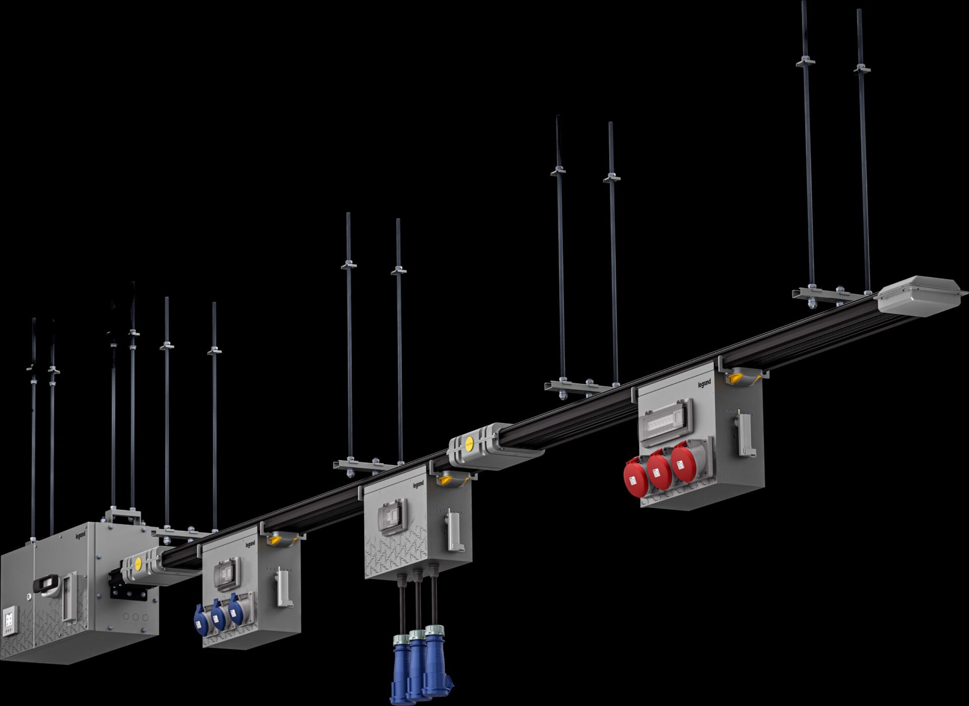 Distribución eléctrica Busway: Innovación en sistemas de busway, con diseño sostenible y eficiente. Se muestran enchufes industriales y bandejas.