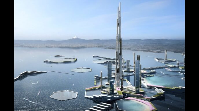 Visualización arquitectónica de Sky Mile Tower, el edificio de 1700 metros que busca ser el más alto del mundo, sobre una bahía con el Monte Fuji al fondo.
