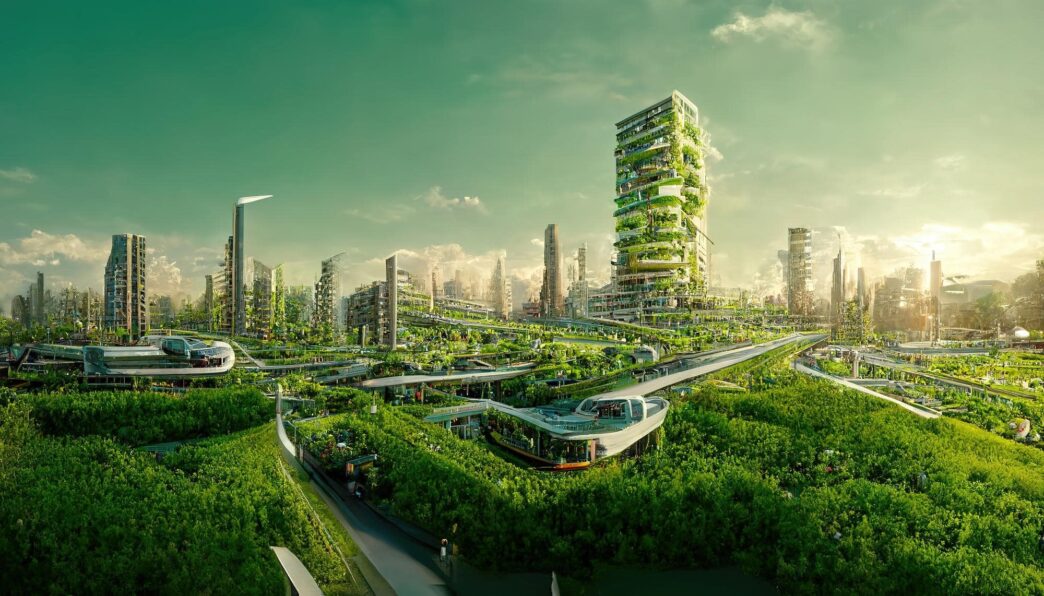 Ciudad futurista verde con edificios cubiertos de vegetación, tranvías ecológicos y exuberantes jardines. Soluciones Eco-Amigables en la construcción.