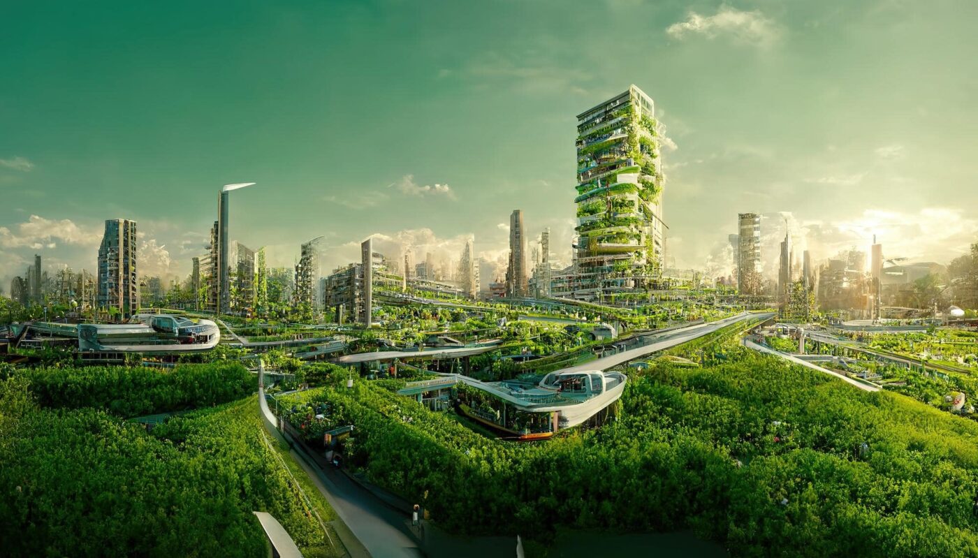 Ciudad futurista verde con edificios cubiertos de vegetación, tranvías ecológicos y exuberantes jardines. Soluciones Eco-Amigables en la construcción.