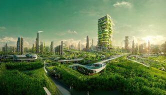 Ciudad futurista verde con edificios cubiertos de vegetación, tranvías ecológicos y exuberantes jardines. Soluciones Eco-Amigables en la construcción.