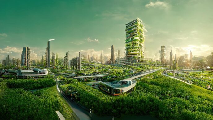 Ciudad futurista verde con edificios cubiertos de vegetación, tranvías ecológicos y exuberantes jardines. Soluciones Eco-Amigables en la construcción.