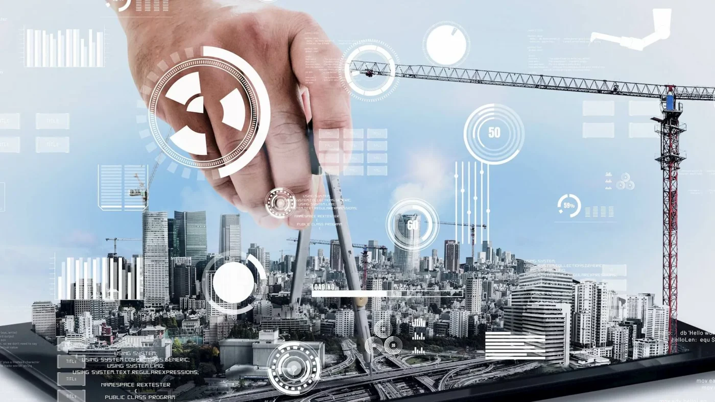 Soluciones Innovadoras: Mano digitaliza planos urbanos con grúa. Infraestructura sostenible y avanzada. Diseño urbano moderno y eficiente.