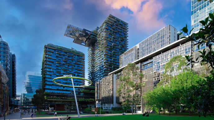 Arquitectura sostenible e innovadora en edificios con diseño ecológico y áreas verdes. Soluciones Net-Zero transformando el real estate sostenible.