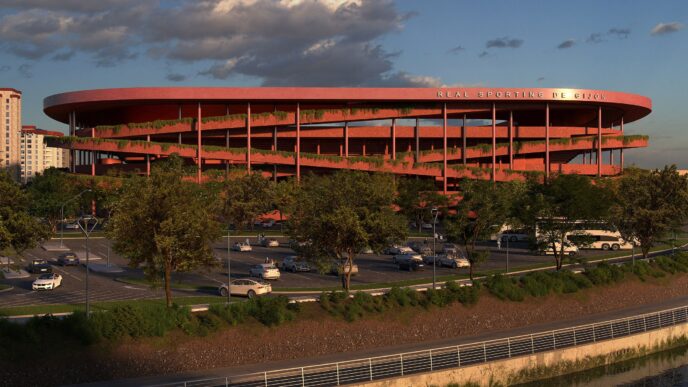 venue/architecture
Nuevo estadio del Real Sporting de Gijón. Arquitectura moderna en la ciudad. Diseño innovador para eventos y partidos.