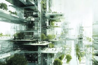 Diseño urbano sostenible: Edificios modernos con terrazas verdes y vegetación, reflejando un futuro verde y ecológico en la arquitectura.