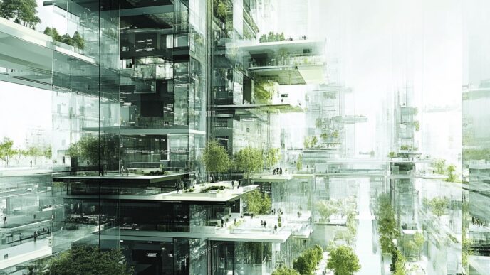 Diseño urbano sostenible: Edificios modernos con terrazas verdes y vegetación, reflejando un futuro verde y ecológico en la arquitectura.