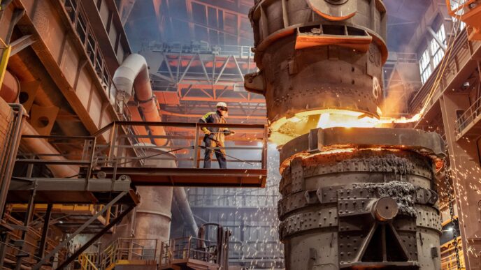 Trabajador inspecciona horno de acero fundido en planta industrial. Sostenibilidad e innovación en la industria del acero para eficiencia energética.