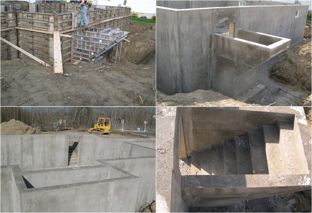 Construcción de cimientos de hormigón. Excavación para cimientos de edificio. Proceso de construcción de inmuebles. Real estate.