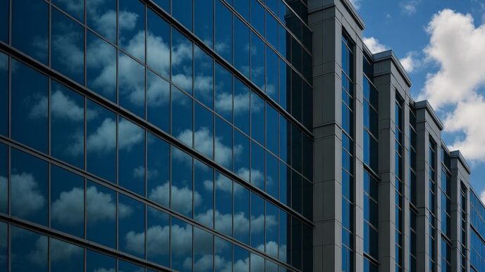 Fachada de edificio con SPD SmartGlass reflejando el cielo, innovación en eficiencia energética y diseño arquitectónico moderno y sostenible.