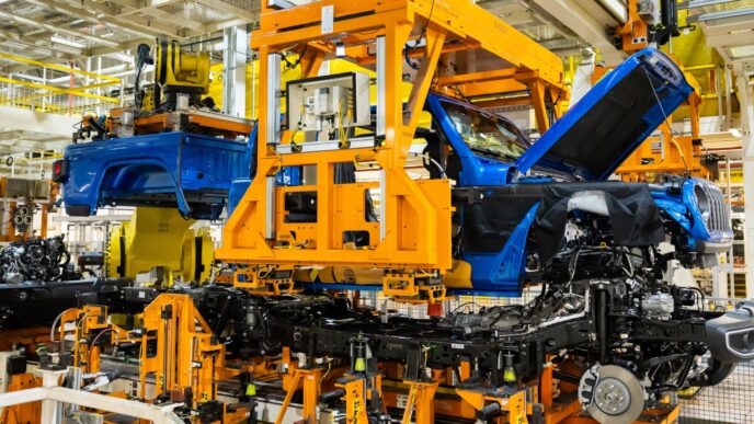 Línea de ensamblaje de Stellantis en EE.UU., con carrocerías azules en proceso. Inversión de 13,000 mdd para modernizar fábricas. Detalle industrial