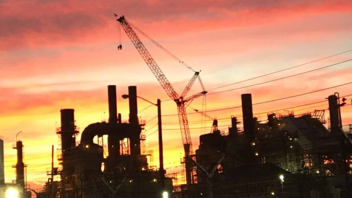 Silueta de refinería al atardecer con grúa, gestión de derechos de construcción. Cielo naranja y rosa, industria pesada. SunRay revoluciona.