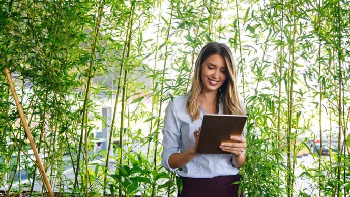 Networking/expo
Mujer sonriente usando tablet en Inmobiliare Summits. Conferencia de real estate en México, LATAM. Fondo con vegetación.