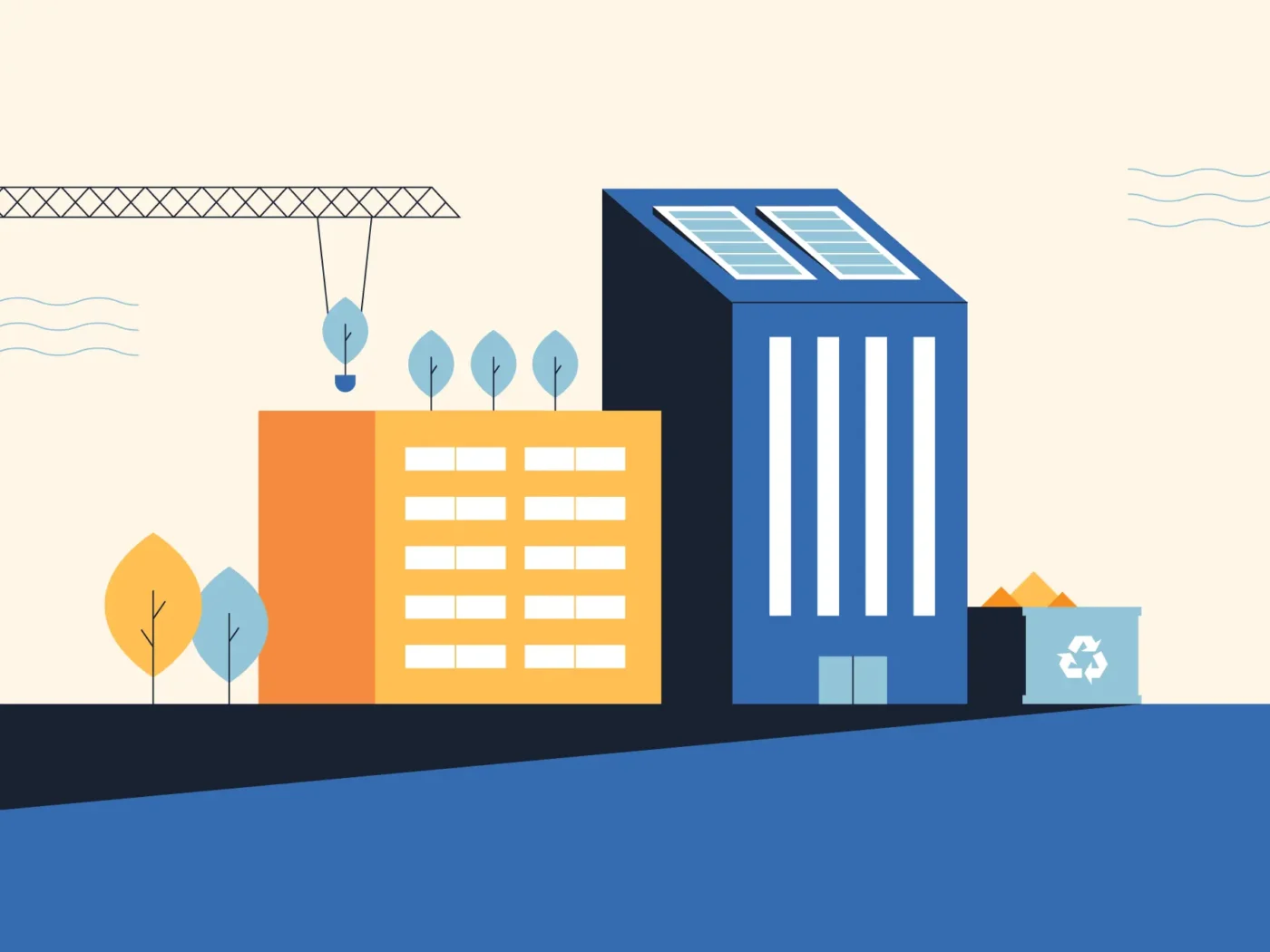 Diseño sostenible de edificios industriales con paneles solares, árboles en la azotea y reciclaje. Activos industriales con conciencia ambiental.