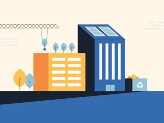 Diseño sostenible de edificios industriales con paneles solares, árboles en la azotea y reciclaje. Activos industriales con conciencia ambiental.