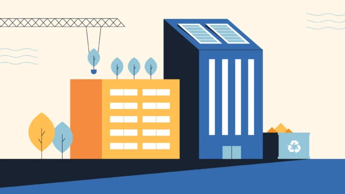 Diseño sostenible de edificios industriales con paneles solares, árboles en la azotea y reciclaje. Activos industriales con conciencia ambiental.