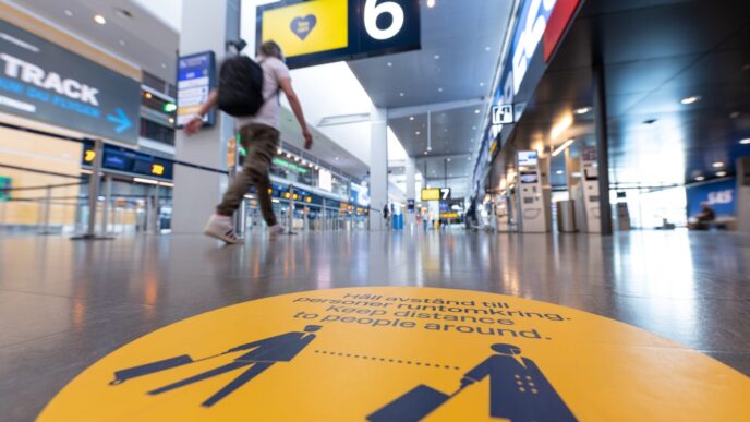 Venue/Architecture.

Interior del aeropuerto de Estocolmo-Arlanda, Suecia, con señalización de distanciamiento social. Aeropuertos y real estate en la ciudad.