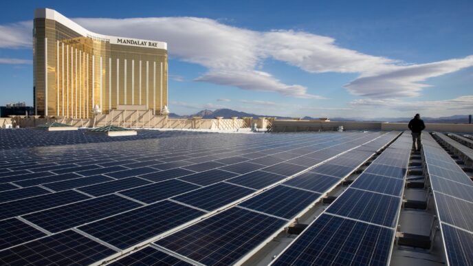 Paneles solares en la azotea del Mandalay Bay, un ejemplo de tecnología para la sostenibilidad inmobiliaria en California. Energía limpia y renovable.
