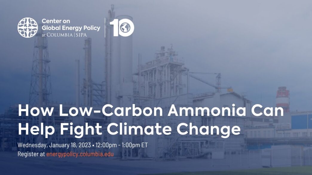Infografía sobre tecnología para amoníaco de bajo carbono y su impacto en real estate. Evento virtual el 18 de enero de 2023. Columbia SIPA.