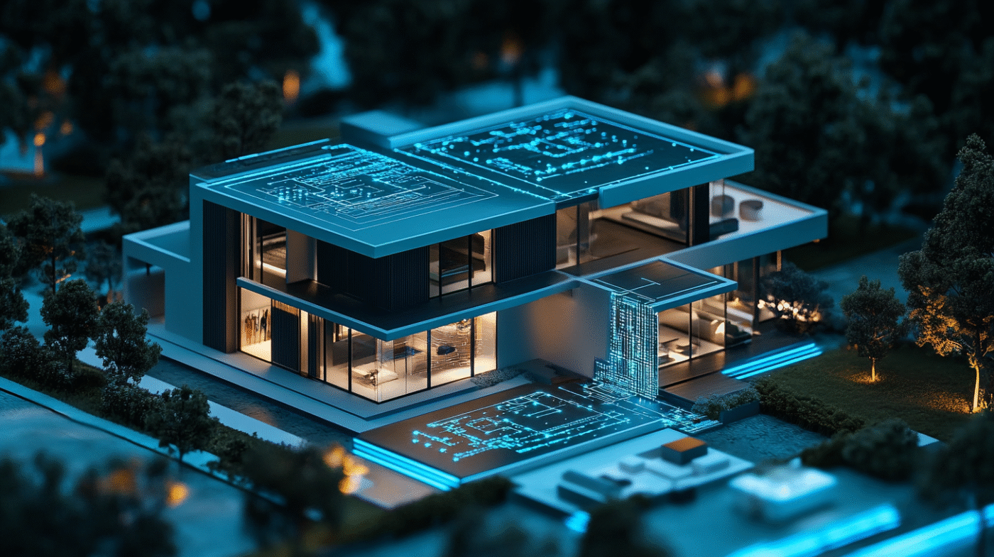 Diseño arquitectónico de lujo con tecnología integrada: una casa moderna con planos digitales iluminados, redefine el real estate con innovación.