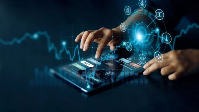 Abstract. Análisis de datos en tablet durante Inmobiliare Summits. Gráficos y finanzas digitales impulsando el sector real estate en LATAM.