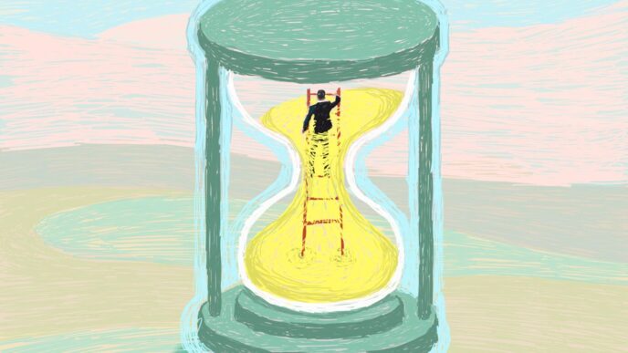 Abstracto: Hombre sube escalera en reloj de arena. Concepto de tiempo en Inmobiliare Summits, evento real estate en México.