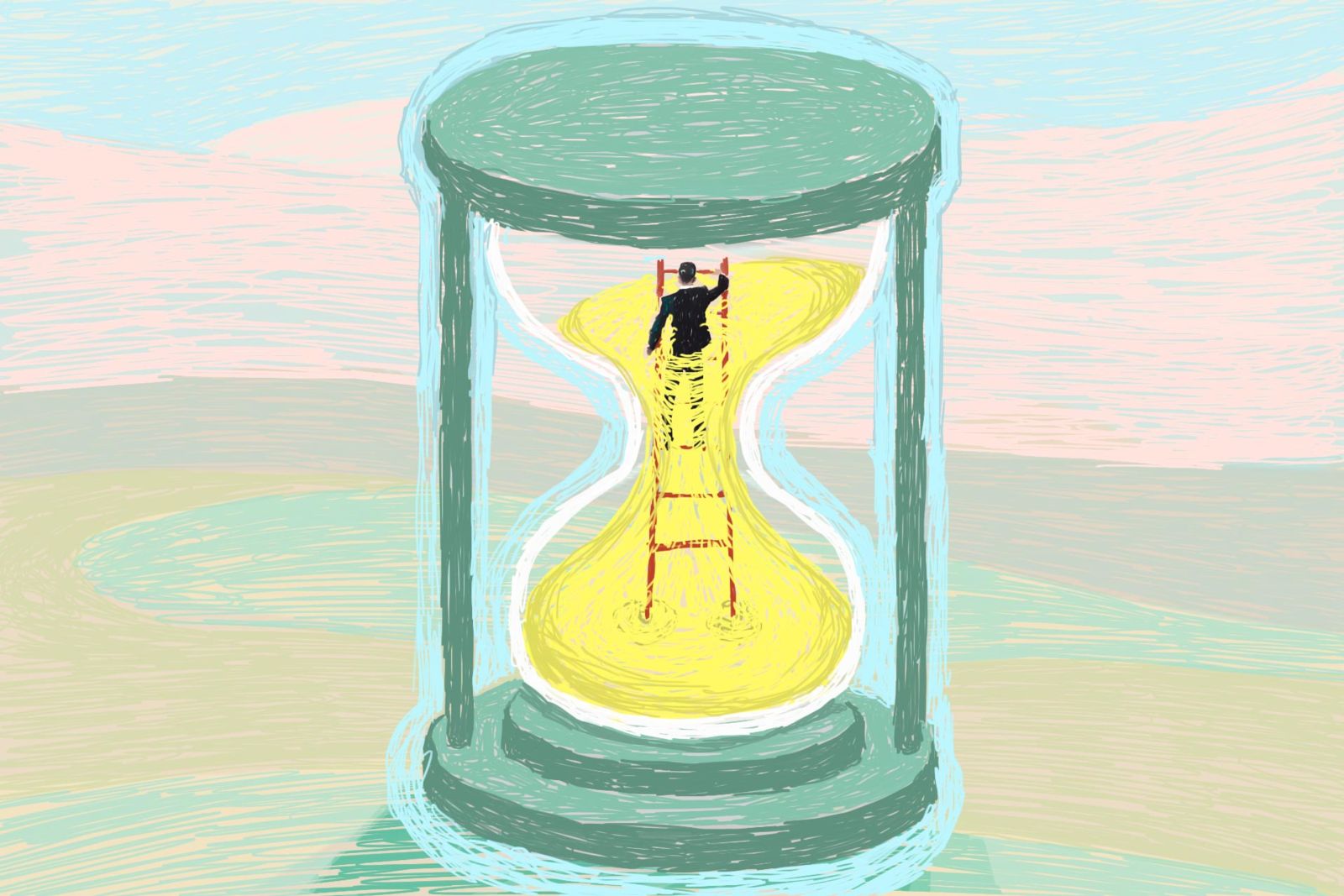 Abstracto: Hombre sube escalera en reloj de arena. Concepto de tiempo en Inmobiliare Summits, evento real estate en México.