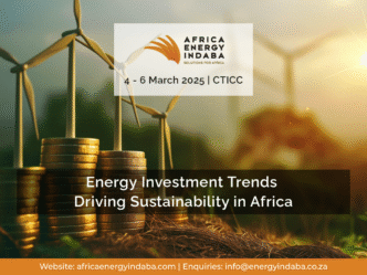 Imagen de tendencias de inversión en energía sostenible en África, mostrando turbinas eólicas y monedas apiladas. Indaba de Energía África 2025