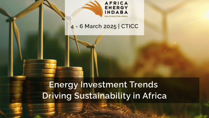 Imagen de tendencias de inversión en energía sostenible en África, mostrando turbinas eólicas y monedas apiladas. Indaba de Energía África 2025